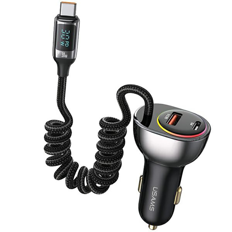 Ładowarka samochodowa USAMS CC192CC01 1 x USB-A + 1 x USB-C 60 W + kabel USB-C 30 W Czarna - Black