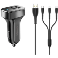 Ładowarka samochodowa USAMS C13 2 x USB-A + Kabel 3w1 microUSB/USB-C/Lightning Czarna - Black