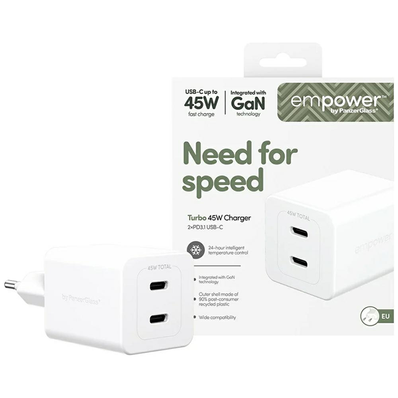 Ładowarka sieciowa PanzerGlass empower Turbo 45 W 2 x USB-C Biała - White