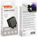 Ładowarka sieciowa Teltech TCH-02 25 W 1 x USB-C + 1 x USB-A Czarna - Black