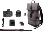 Canon EOS R100 + RF-S 18-45 mm f/4.5-6.3 IS STM + plecak + karta SD 32 GB + zapasowy akumulator LP-E17