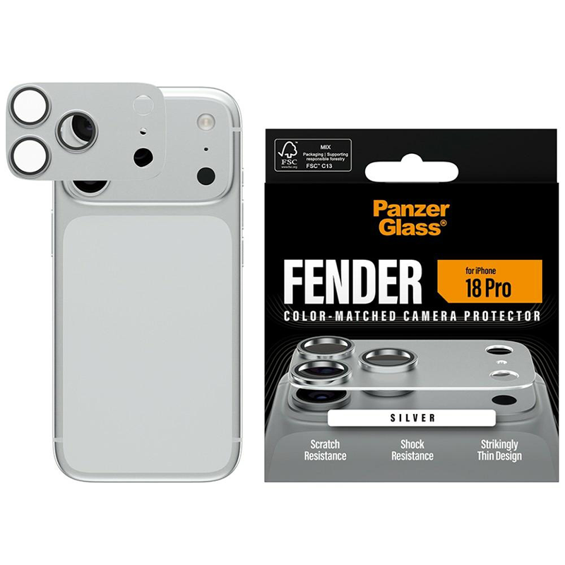Szkło hartowane na aparaty PanzerGlass Fender do iPhone 18 Pro Srebrne - Silver