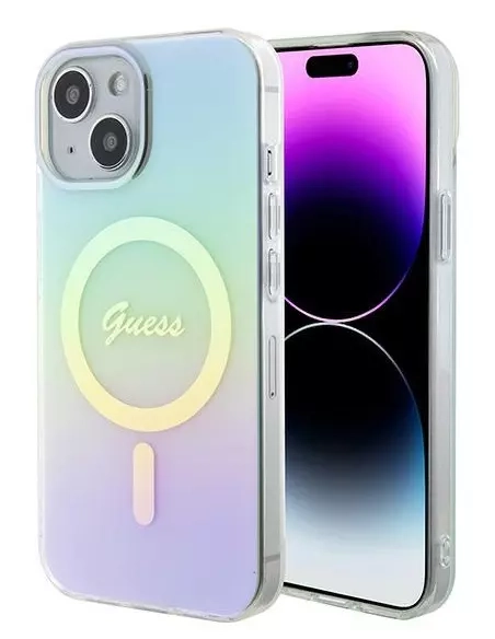 Etui Guess Hardcase IML Iridescent MagSafe iPhone 15 Turkusowy