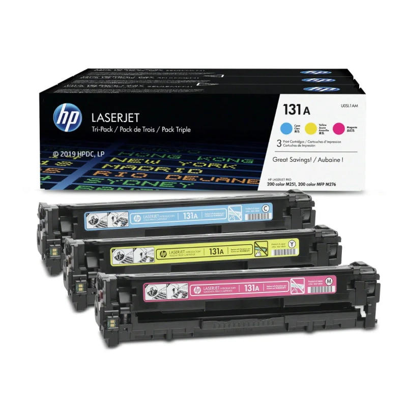 Toner HP 131A - zestaw 3 oryginalnych wkładów - błękitny/purpurowy/żółty (U0SL1AM)