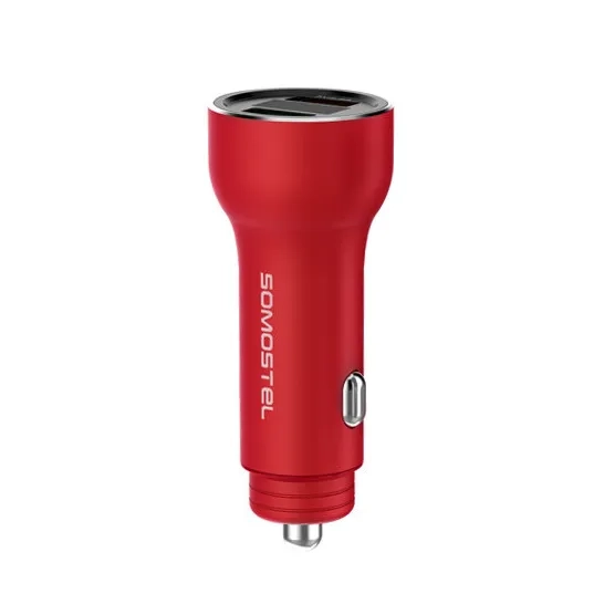 Ładowarka samochodowa do telefonu 2x USB 5A Somostel czerwona + kabel USB-C
