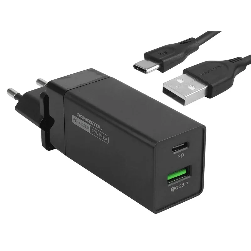 Ładowarka sieciowa 36W USB+USB-C Power Delivery Somostel czarna + kabel USB-C