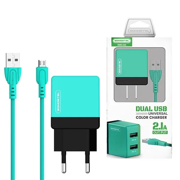 Ładowarka sieciowa do telefonu DUAL USB 2A Somostel miętowa + kabel micro USB