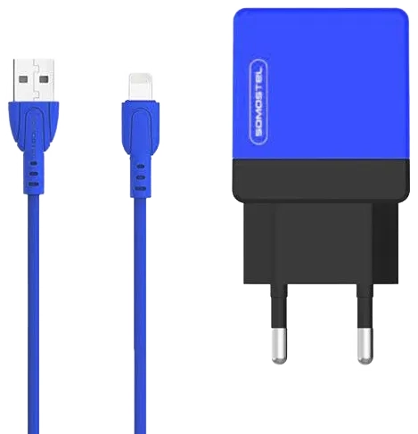 Ładowarka sieciowa do telefonu DUAL USB 2A Somostel + kabel Lightning niebieska