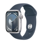 Apple Watch Series 9 GPS z kopertą 45 mm z aluminium w kolorze srebrnym z paskiem sportowym S/M w kolorze burzowego błękitu