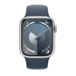 Apple Watch Series 9 GPS z kopertą 45 mm z aluminium w kolorze srebrnym z paskiem sportowym S/M w kolorze burzowego błękitu