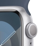 Apple Watch Series 9 GPS z kopertą 45 mm z aluminium w kolorze srebrnym z paskiem sportowym S/M w kolorze burzowego błękitu