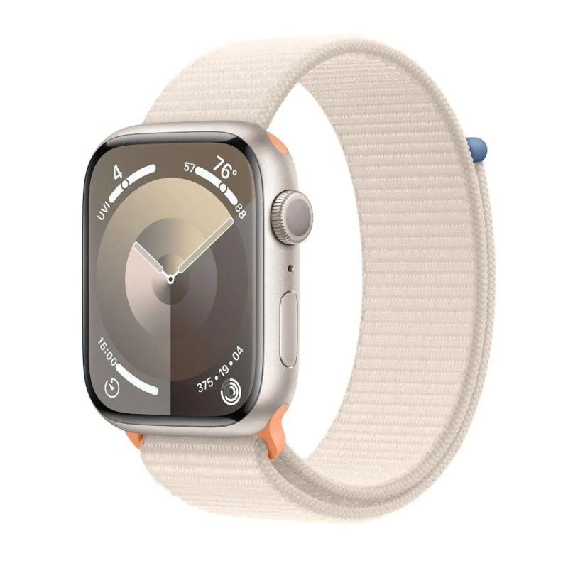 Apple Watch Series 9 GPS z kopertą 45 mm z aluminium w kolorze księżycowej poświaty z opaską sportową w kolorze księżycowej poświaty