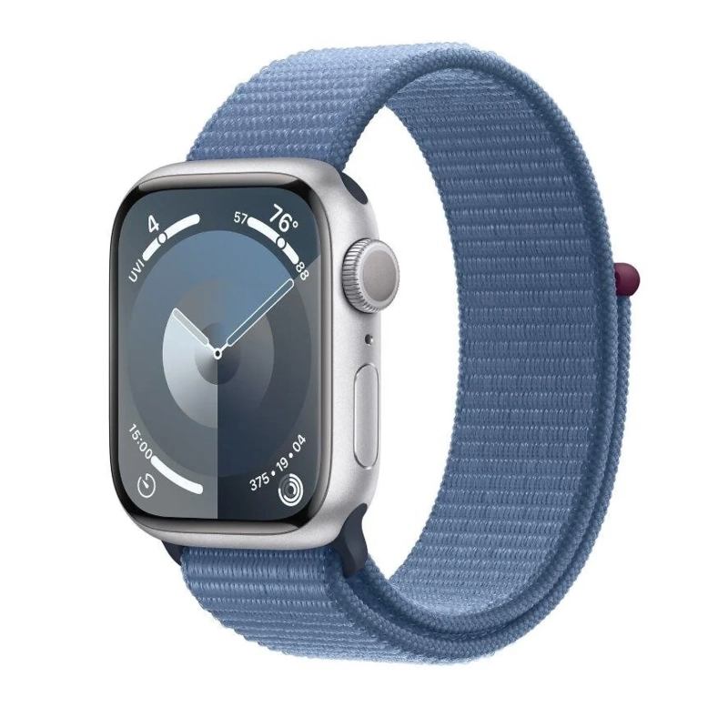 Apple Watch Series 9 GPS z kopertą 41mm z aluminium w kolorze srebrnym z opaską sportową w kolorze zimowego błękitu