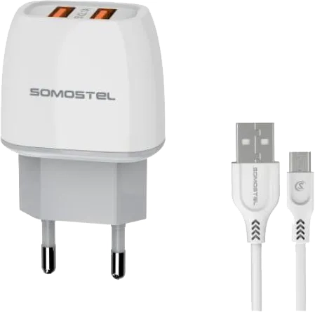 Ładowarka sieciowa Somostel SMS-A38 2.1A Dual-USB + kabel Micro biała