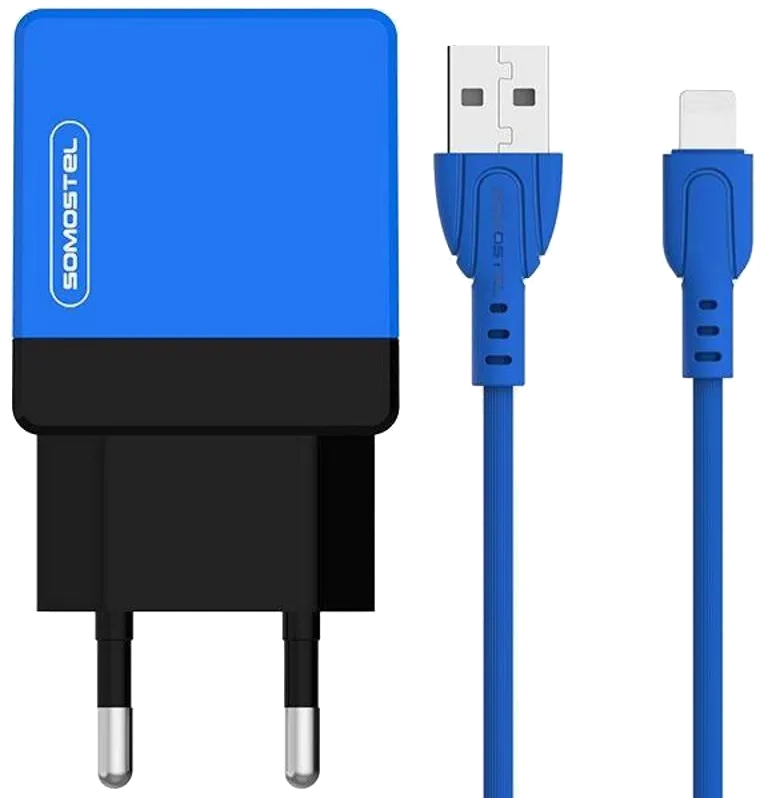 Ładowarka sieciowa Dual USB 2.1 A + kabel Lightning niebieska