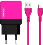 Ładowarka sieciowa Dual USB 2.1 A różowa + kabel USB-C