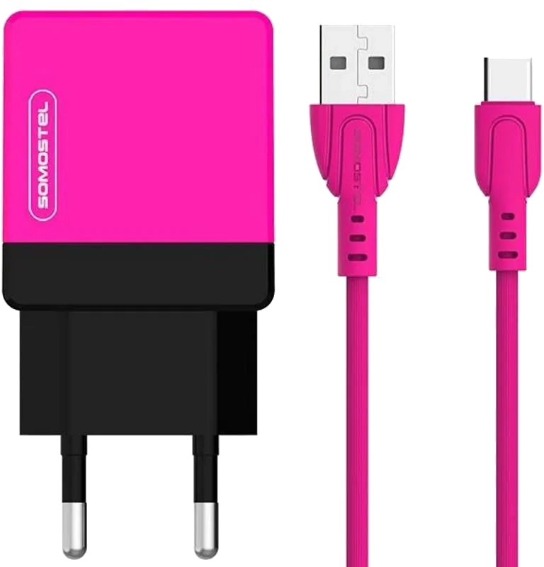 Ładowarka sieciowa Dual USB 2.1 A różowa + kabel USB-C