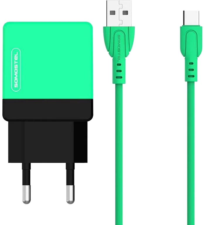 Ładowarka sieciowa Dual USB 2.1 A zielona + kabel USB-C