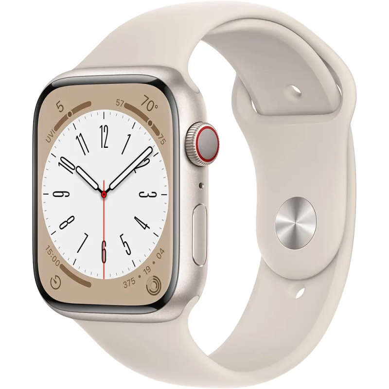 Apple Watch Series 8 LTE z kopertą 45 mm z aluminium w kolorze księżycowa poświata z paskiem sportowym w kolorze księżycowa poświata