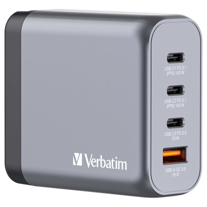 Ładowarka sieciowa Verbatim GNC-140 140 W 3 x USB-C/USB-A Szara - Gray