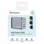 Ładowarka sieciowa Verbatim GaN 200 W USB-C/USB-A + Adapter EU/UK/US Szara - Gray