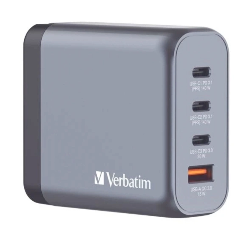Ładowarka sieciowa Verbatim GaN 200 W USB-C/USB-A + Adapter EU/UK/US Szara - Gray
