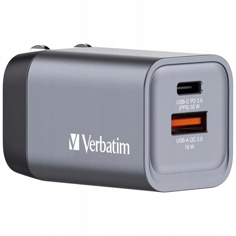 Ładowarka sieciowa Verbatim GaN 35W USB-C/USB-A + Adapter EU/UK/US Szara - Grey