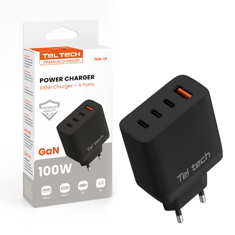 Ładowarka sieciowa Teltech 100 W 3x USB-C 1x USB-A Czarna - Black