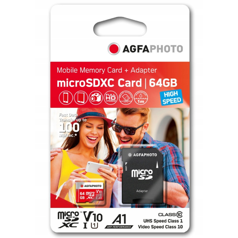 Karta microSDXC AgfaPhoto 64 GB 100 MB/s + adapter Czerwona - Red