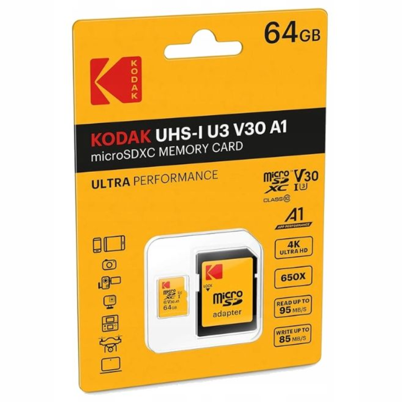 Karta pamięci Kodak microSDXC 64 GB + adapter Żółta - Yellow