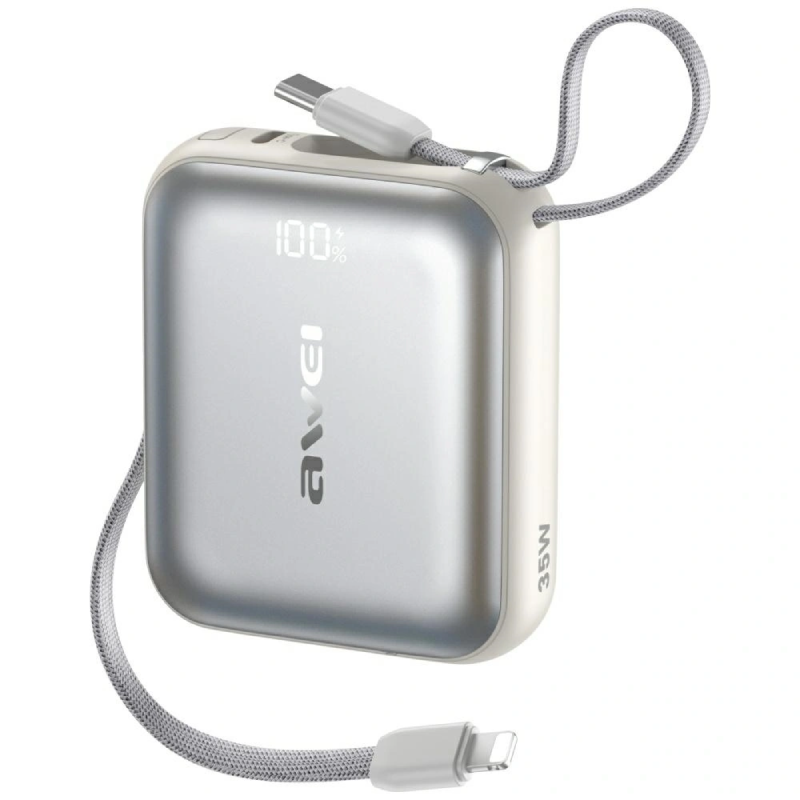 Powerbank z kablem AWEI AS-181 10000 mAh 35 W Srebrny - Silver