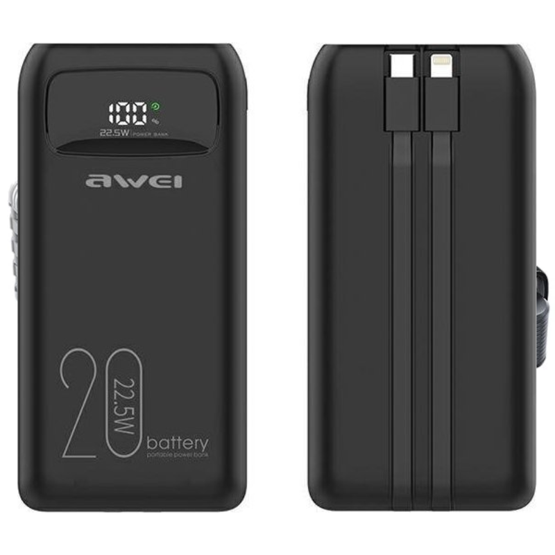 Powerbank AWEI P169K 20000 mAh 22.5 W + Kable USB-C/Lightning Czarny - Black