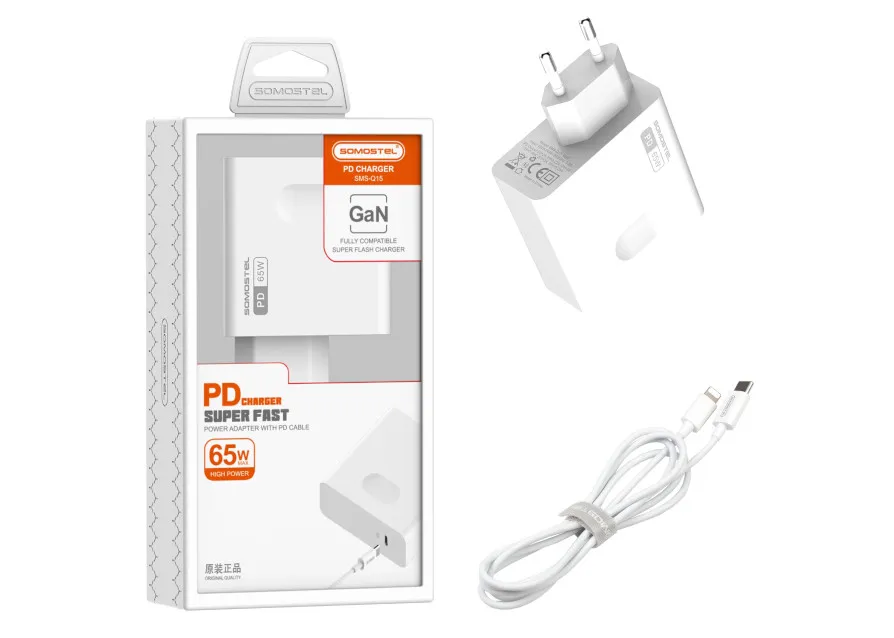 Ładowarka sieciowa USB-C 65 W Somostel biała + kabel USB-C - Lightning