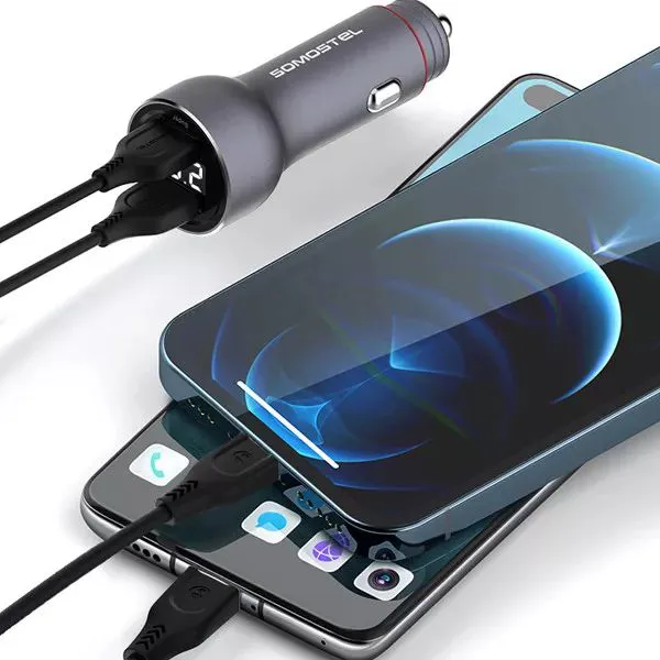 Ładowarka samochodowa do telefonu 2x USB 5A metalowa Somostel szara + kabel USB-C
