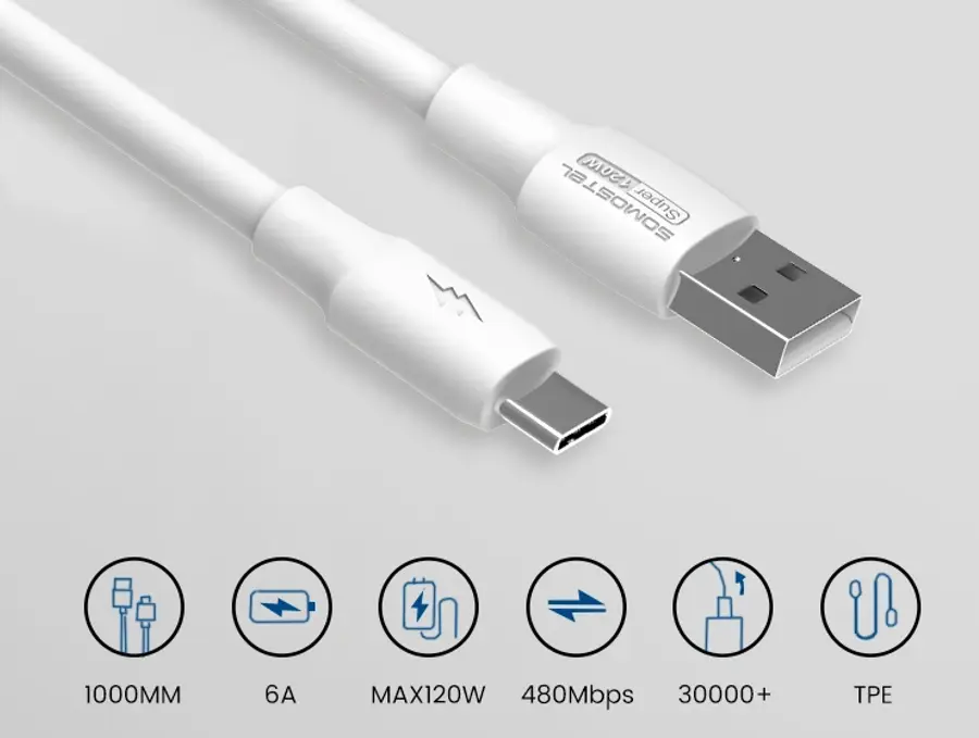 Kabel USB-A / USB-C 6 A 120 W 1m Quick Charge QC3.0 Somostel SMS-BA02 biały